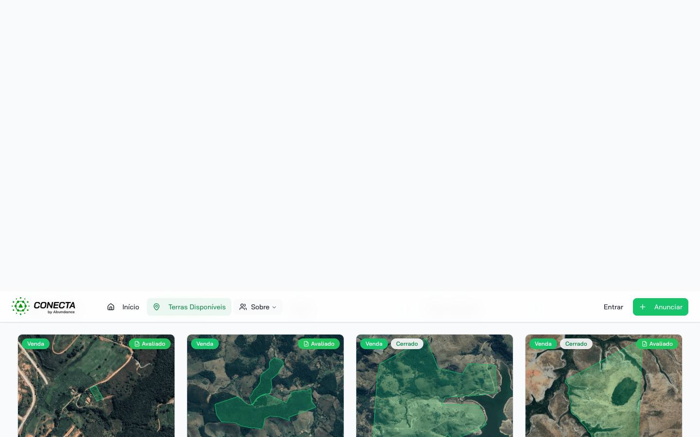 Marketplace do Conecta Terras: anúncios de imóveis rurais com mapa de satélite
