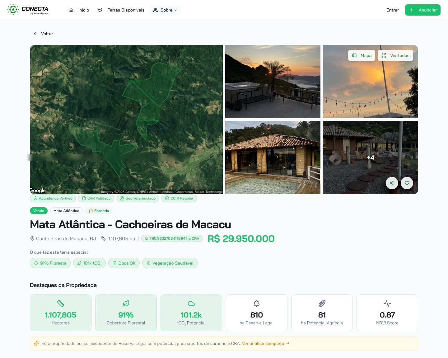Anúncio real de imóvel de Mata Atlântica em Cachoeiras de Macacu (RJ), com CRA identificado e cobertura conferida por satélite