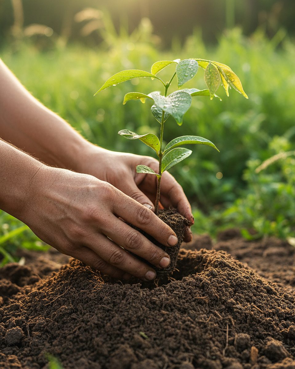 Mãos plantando uma muda de árvore nativa. Imagem ilustrativa.